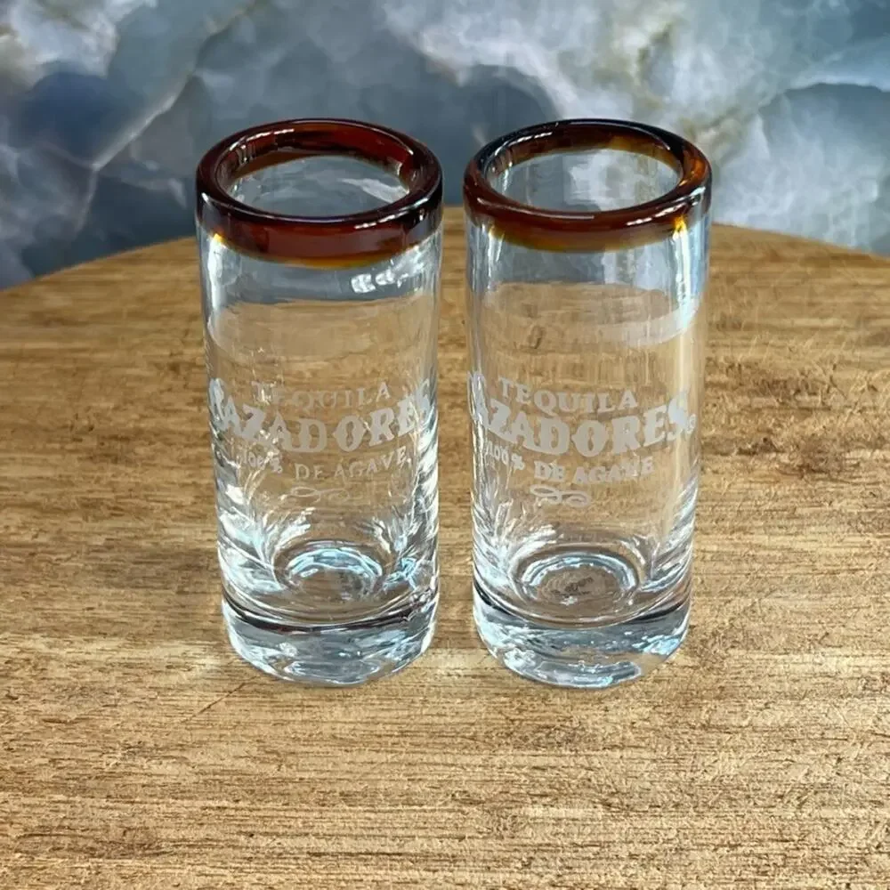 Glass Blown Cazadores Tequila Shot Glasses Amber Rim Thick Glass Set of 2